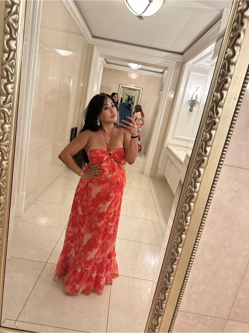 Gianni Bini Strapless Red-Orange Tie-Front Maxi Dress